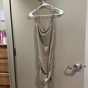 small, brown, drawstring, ruched sides, bodycon dress